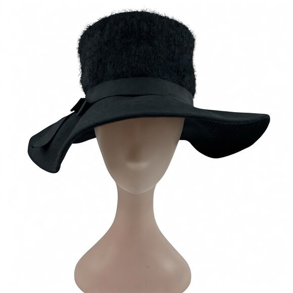 Vintage 1960's Black Wide Brim Hat Boucle Crown Mod Wool Felt Ribbon Bow Glam - Picture 5 of 11